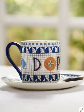 Anthropologie Bistro Tile Stoneware 24k Gold Accent Italia Espresso & Saucer Set